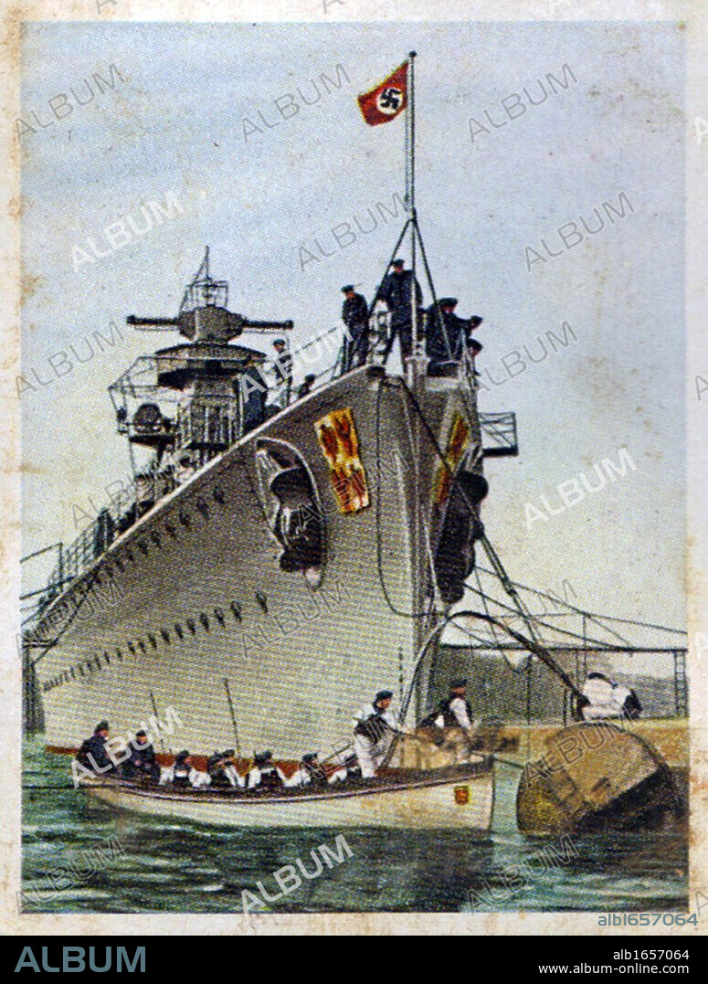 German re-armament and militarisation: Second World War pocket battleship 'Admiral Graf Spee'. After sinking nine Allied merchant ships in the Atlantic, she was tracked down by British warships in December 1939 and was damaged in he ensuing Battle of the River Plate. She put into Montevideo for repairs where she could stay for 72 hours. Rather than face destruction by waiting enemy warships and lose the lives of his whole crew, Captain Langsdorff scuttled his ship at the harbour estuary on 17 December. From series of 270 cigarette cards 'Die Deutsche Wehrmacht', Dresden, 1936.