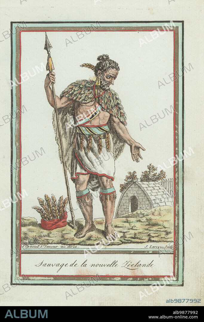 Maori man of New Zealand with beard. In feather cloak Kakahu and woven skirt, armed with spear and patou-patou ax, feather headdress on the ground. A house in the background. Sauvage de la Nouvelle Zeelande. Handcoloured copperplate engraving by J. Laroque after a design by Jacques Grasset de Saint-Sauveur from his Encyclopedie des voyages, Encyclopedia of Voyages, Bordeaux, France, 1792.