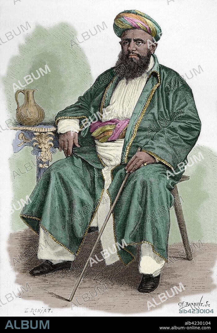 Tarya Topan, el millonario. Fue uno de los comerciantes más ricos de la ciudad de Zanzíbar, principalmente de venta de paños. Era natural del Indostán. Musulmán ferviente pero de ideas liberales. Dibujo por Etienne Ronjat (1822-?). Grabado por Charles Barbant. Coloreado. Africa Inexplorada, El Continente Misterioso, por Henry Morton Stanley, h. 1887.