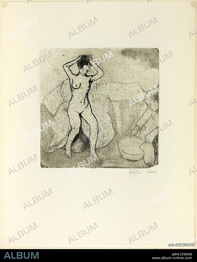 Catherine Prepares the Bath and Louise, Nude, Fixes her Hair. Suzanne Valadon; French, 1865-1938. Date: 1895. Dimensions: 228 × 227 mm (image); 468 × 371 mm (sheet). Soft ground etching with foul biting and drypoint in black on ivory wove paper. Origin: France.