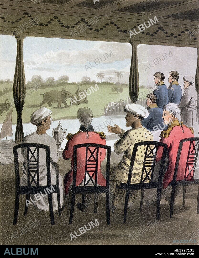 The Marquess of Wellesley, Governor-General of India, 1813. 'Marquis Wellesley and his Suite at the Nabob of Oude's Breakfast Table, viewing an elephant fight'. Richard Colley Wellesley (1760-1842) served as Governor-General of India from 1797 until 1805. He was the elder brother of Arthur Wellesley, the Duke of Wellington. Plate 20 from The European in India by Charles D'Oyly, 1813.