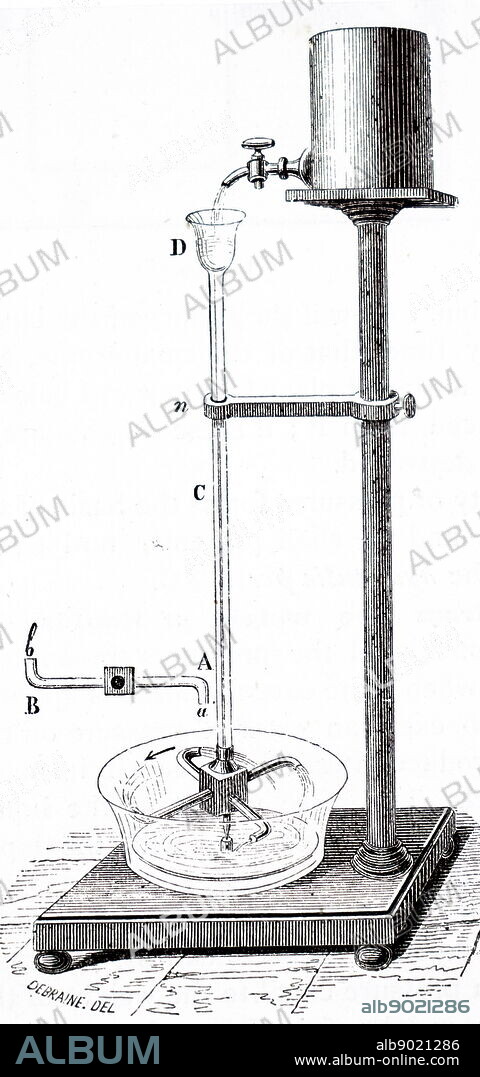 Diagram depicting a baker's mill (or possibly a hydraulic tourniquet) which was powered by the lateral pressure of the liquid which flowed into the top of the cylinder. Dated 19th century.