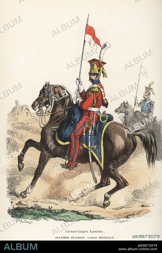 Uniform of the 2nd Light Cavalry Lancers (Dutch) of the French Imperial Guard, 1810-1815. In Polish shako helmet, red uniform with blue lapels and trim, yellow aiguillettes and epaulettes, armed with sabre and lance. Chevau-Legers Lanciers, Deuxieme Regiment, Garde Imperiale. Handcoloured woodcut by Francois Rouget after an illustration by Hippolyte Bellangé from P.M. Laurent de lArdeches Histoire de Napoleon, Paris, 1840.