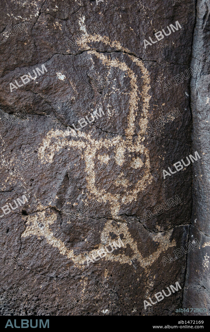 ARTE PREHISTORICO. ESTADOS UNIDOS. MONUMENTO NACIONAL DE PETROGLIFOS. Conjunto de petroglifos realizados por pueblos indios americanos y, algunos de ellos, por colonizadores. Cañón Boca Negra. Cercanías de Albuquerque. Estado de Nuevo México.