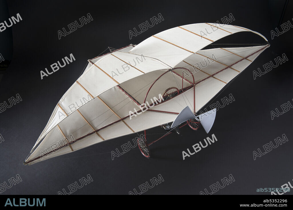 Model, Static, Ellehammer II, 1956. Wood and cloth exhibit model of the 1906 Ellehammer II aircraft, in red frame with natural covering color scheme. 1/14 scale.