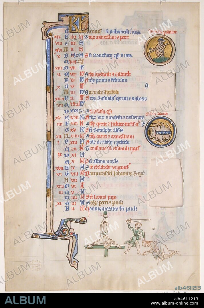 Manuscript Leaf with June Calendar, from a Royal Psalter, 13th century. Names of saints and feasts to be celebrated during that month.