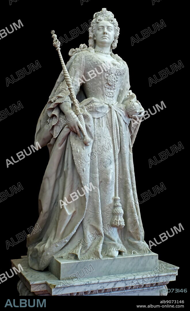 Marble statue of Queen Anne by Johannes Michel Rysbrack in the library at Blenheim Palace, Oxfordshire, England, is the principal residence of the Dukes of Marlborough. John Michael Rysbrack, (1694 - 1770), was an 18th-century Flemish sculptor.