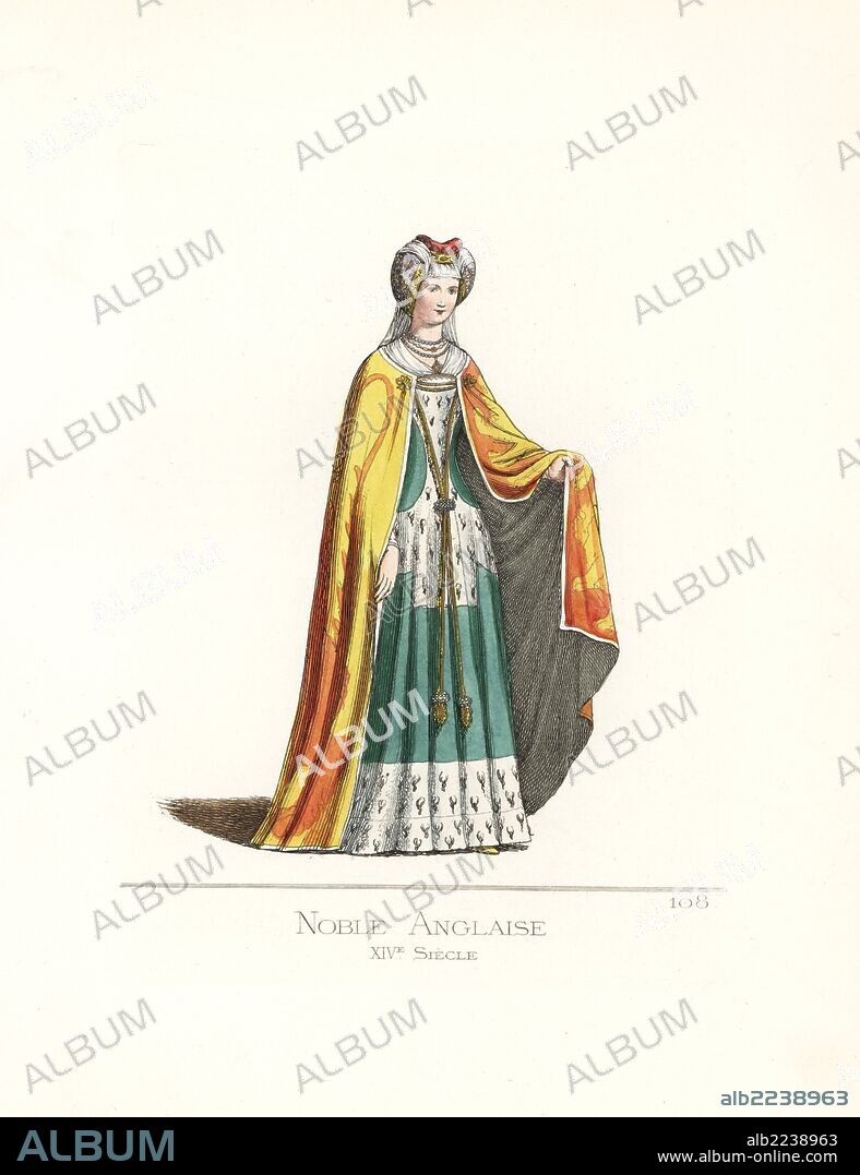 Costume of an English noblewoman, 14th century. She wears a headdress red crown and violet ear covers, white veil, cape decorated with heraldic lions, green dress trimmed with ermine. From the sepulchral stone of Joyeuese Tiptoft in a church in Enfield, died 1446. Handcoloured illustration drawn and lithographed by Paul Mercuri with text by Camille Bonnard from "Historical Costumes from the 12th to 15th Centuries," Levy Fils, Paris, 1861.
