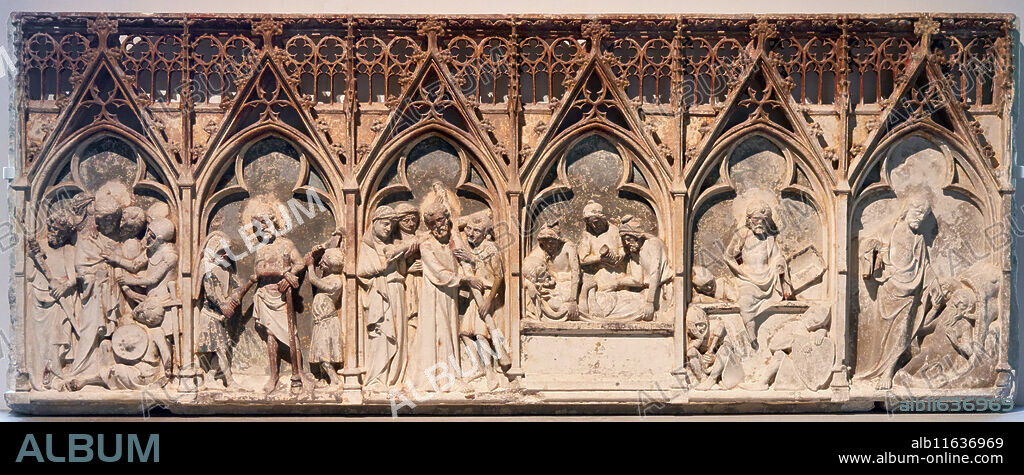 Altarpiece of the Passion, The Arrest of Christ, The Flagellation of Christ, Christ carrying the cross, The Entombment, The Resurrection, The Descent into Limbo, Île-de-France, about 1350-1360, Polychrome Lutetian limestone, From the abbey church of Saint-Denis (Seine-Saint-Denis, France) or church of Saint-Gervais in Paris?, National Museum of the Middle Ages, Musée de Cluny, Paris. France.