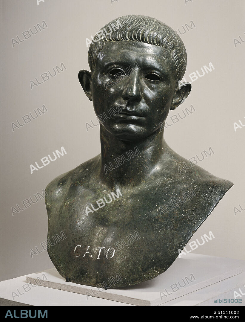 Roman civilization, 1st century A.D. Bronze bust of Cato the Younger, 60 A.D. From Volubilis (Morocco), House of Venus.