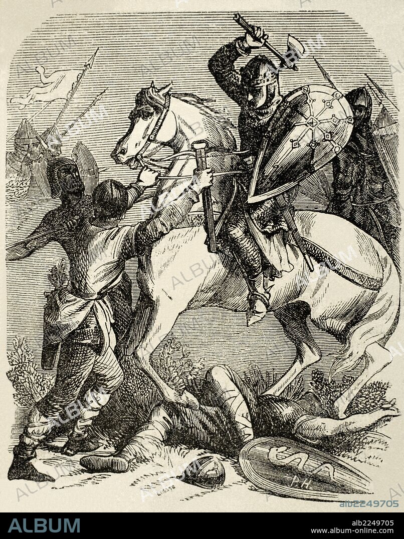 LUIS VI DE FRANCIA, llamado "el Gordo" o "el Batallador" (1081-1137). Dinastia de los Capetos. "LUIS EL GORDO EN LA BATALLA DE BRENNEVILLE". Grabado.