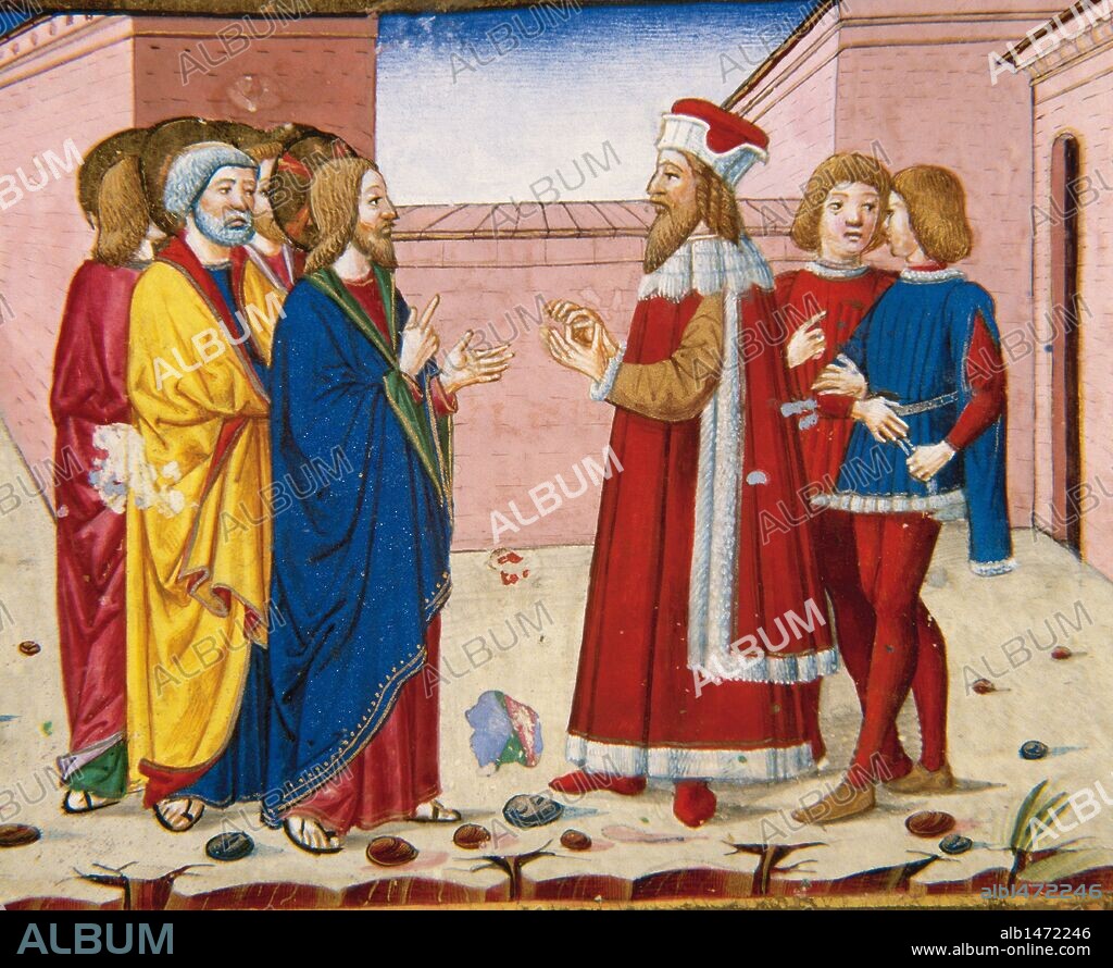 "NICODEMO, SABIO JUDIO Y FARISEO, VISITA A JESUS". Miniatura del Códice de Predis. Siglo XV. Biblioteca Real. Turín. Italia.