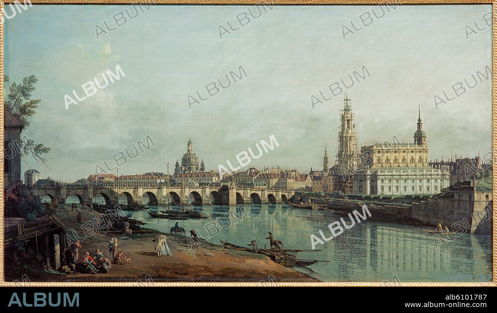 Dresden (Sachsen). "Dresden vom rechten Elbufer unterhalb der Augustusbrücke". (Blick über die Elbe auf Augustusbrücke, Frauenkirche und im Bau befindliche Katholische Hofkirche). Gemälde (Replik), 1751-53, von Bernardo Bellotto, genannt Canaletto (1722-1780). Öl auf Leinwand, 95 × 165 cm. Inv. Nr. Gal.-Nr. 630. Dresden, Gemäldegalerie, Alte Meister.