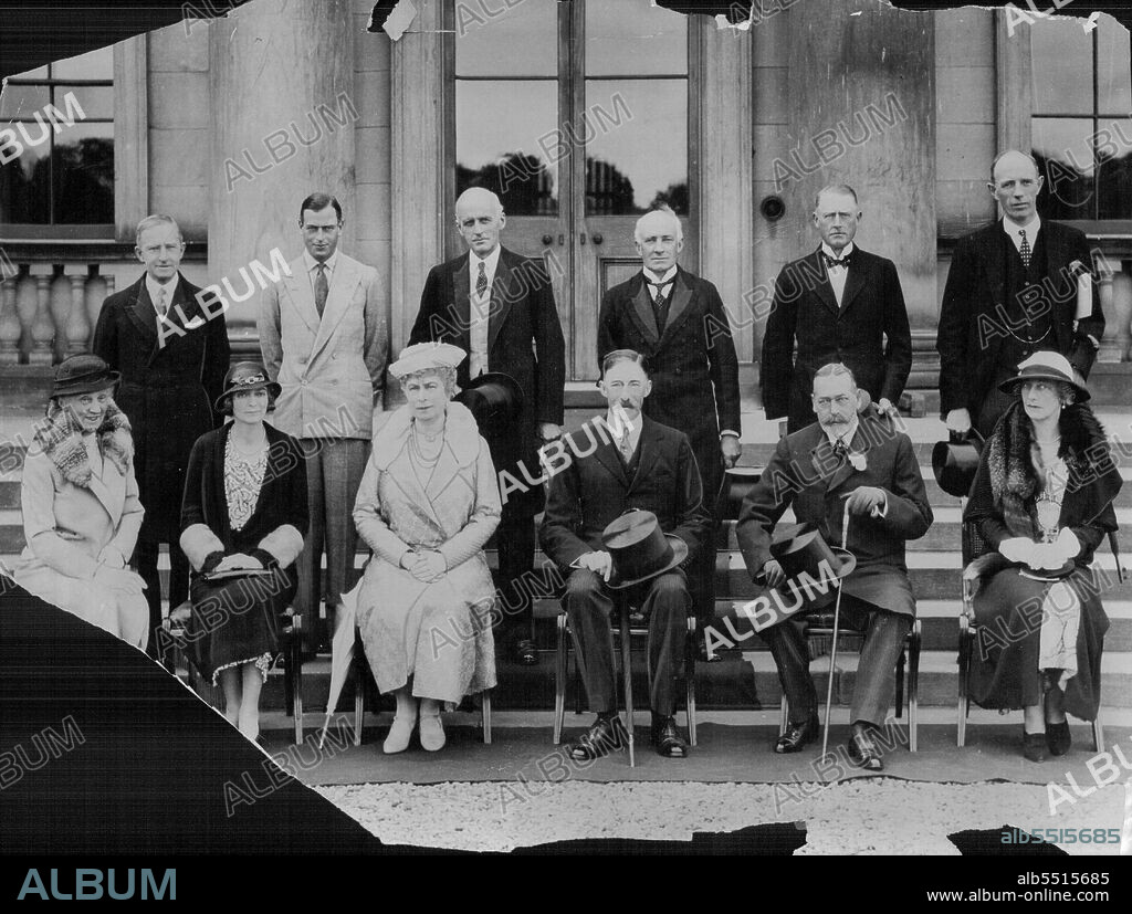 Exclusive Photograph Of Royal House Party At Harewood House, Yorkshire.An exclusive and official photograph taken at Harewood house, during the recent royal visit to Yorkshire.Back Row- left to right - Sir B. Godfrey Faussett, Prince George, Mr. Mitchell (secretary), Sir E. Milton young (Minister in attendance), Sir Guy Graham and Lord Irwin.Front row- left to right- Lady Bertha Dawkins, (Lady-in-waiting), Lady Irwin, H.R.H. Queen Mary, Lord Harewood, H.R.H. King George, and Lady Graham. August 26, 1933. (Photo by Topical Press).