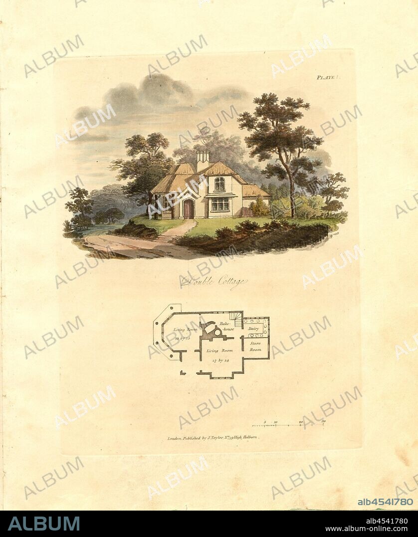 Double Cottage 1, Outline and plan of a peasant country house, pl. I, to p. 31, Robert Lugar: Architectural sketches for cottages, rural dwellings, and villas, in the Grecian, Gothic, and fancy styles: with plans; suitable to persons of genteel life and moderate fortune.: preceded by some observations on scenery and character proper for picturesque buildings. London: printed for J. Taylor, at the Architectural Library, 1823.
