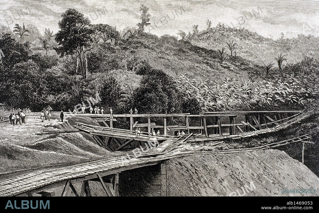 C0NSTRUCCION DEL CANAL DE PANAMA. Obras en el Puente de "Alto-Obispo". Grabado de la "Ilustración Española y Americana" (1886) .