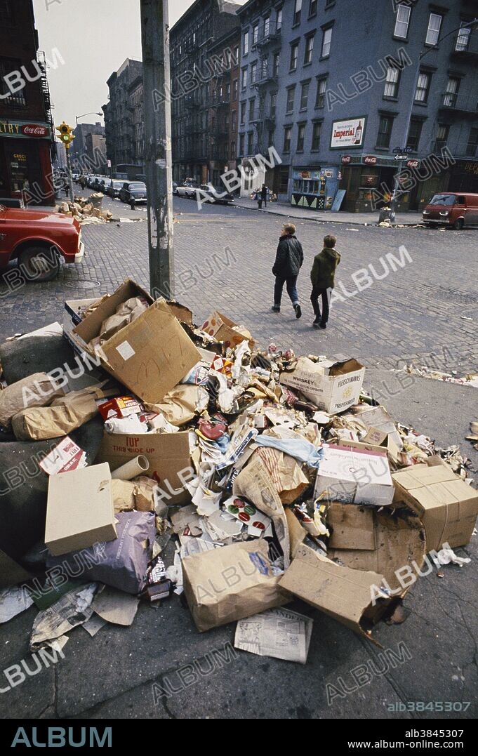 Trash on the streets of the Lower East Side after the 1968 garbage strike in NYC.
