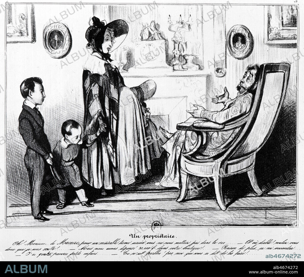 'Un proprietaire' Gravure d'Honore DAUMIER (1808-1879) publie dans Le Charivari du 26/05/1837. Un homme installe confortablement dans un fauteuil s'adresse a une femme enceinte debout avec ses enfants. Serie des Rovzeert-Macaire, 1836-1839. Credit : Collection KHARBINE-TAPABOR.