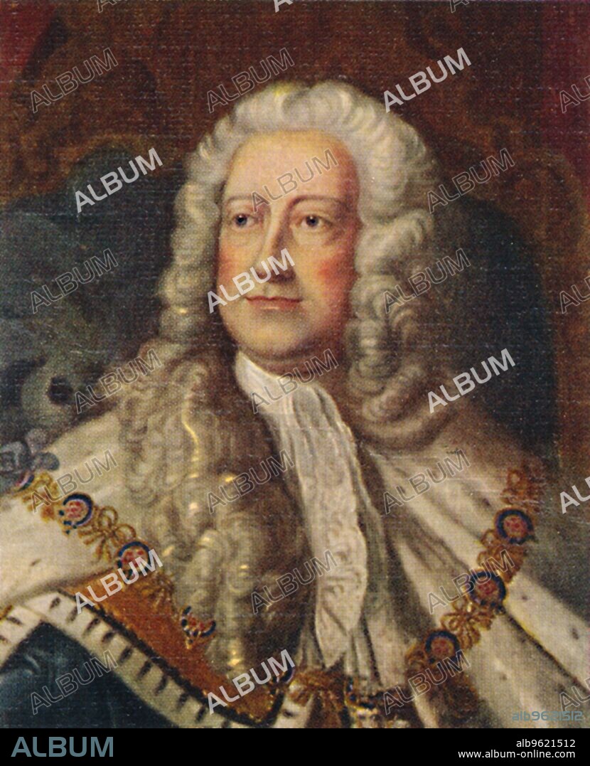 'George II', 1935. George Augustus (1683-1760), King of Great Britain and Ireland, Duke of Brunswick-Lüneburg (Hanover) and a prince-elector of the Holy Roman Empire from 11 June 1727 (O.S.) until his death in 1760. From Kings & Queens of England - A Series of 50. [John Player & Sons, London, 1935].