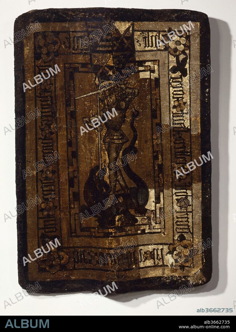Shield (Pavise). Culture: German, Saxon. Dimensions: H. 25 5/8 in. (65.07 cm); W. 17 1/2 in. (44.45 cm). Date: ca. 1450-75.
The German inscription around St. George reads, "Help, knight Saint George; help, God, your eternal word, the body here and the soul there." At the top is the coat of arms of the duchy of Saxony quartered with crossed swords, symbols of the elector of Saxony's office as archmarshal of the Holy Roman Empire.
