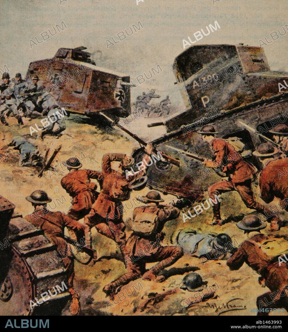 I GUERRA MUNDIAL (1914-1918). "GRAN COMBATE DE TANQUES ALIADOS Y ALEMANES" en mayo de 1918. Dibujo coloreado de "La Domenica del Corriere" (año 1918) .