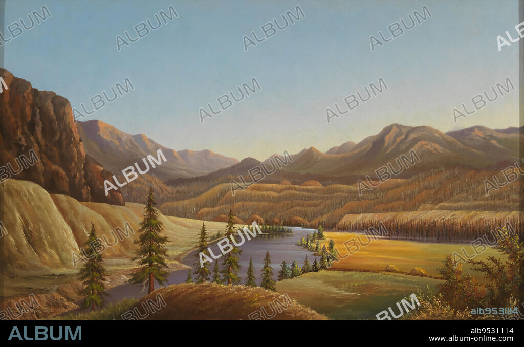 GRAFTON TYLER BROWN. This is an oil painting of a landscape showing a lake in a valley. Surrounded by pine trees, rolling hills, and mountains, the lake stretches from the lower left corner of the scene to its disappearing point slightly right of the center scene. To the right of the lake shore are fields, crossed by a wooden fence, along which are two haystacks. There are clusters of pine trees in the foreground and at intervals along the lake shore. More trees and wooded hills are visible in the distance. The painting is signed by the artist in the lower left corner "G.T. Brown.". Date: 1882. oil on canvas.