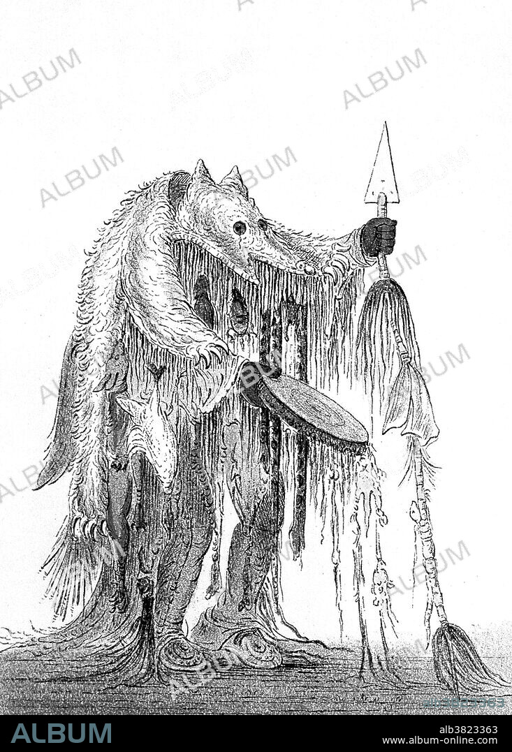 A North American Indian Medicine Man covered with the skin of a Yellow Bear. George Catlin.