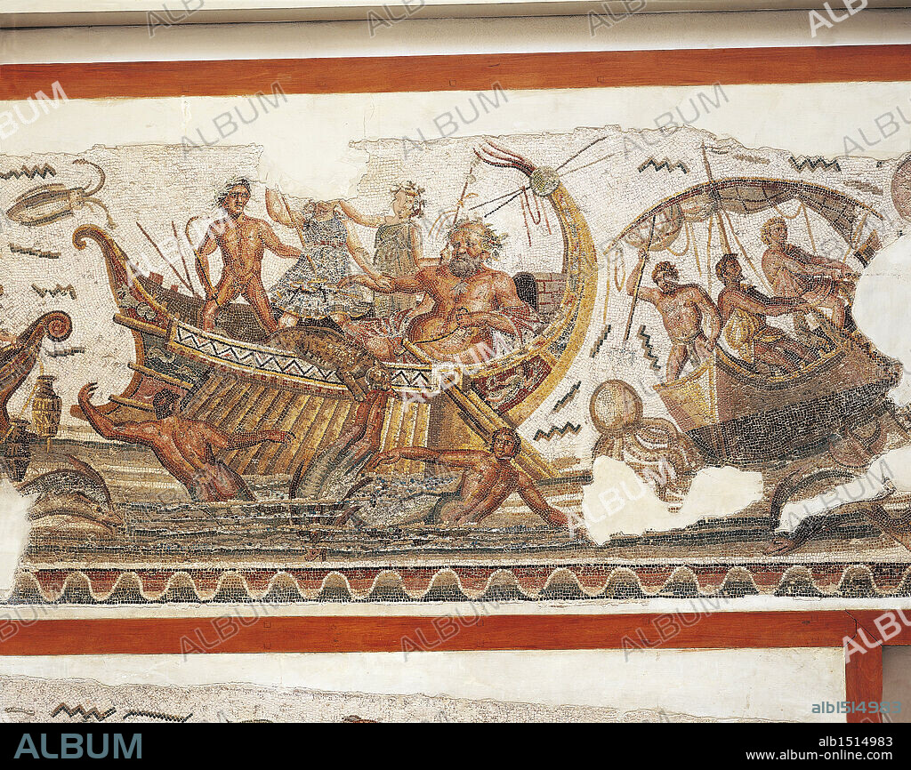 Roman civilization, 3rd century A.D. Mosaic depicting Dionysus and the old Silenus fighting against pirates in the Mediterranean Sea, 260 A.D. From Thugga (Dougga, Tunisia). Detail.