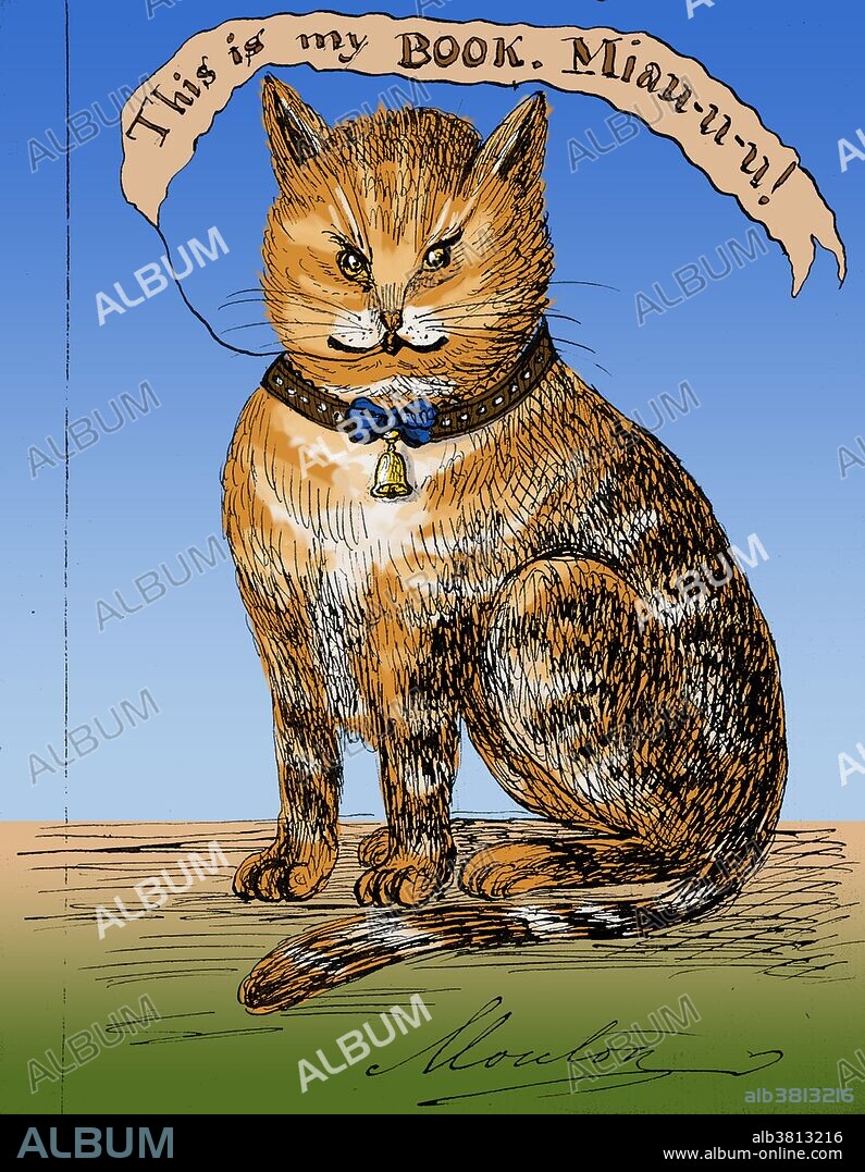 "This is my book. Miau-u-u!" Title page to Emily M. Maddon's sketchbook containing numerous pencil and ink drawings concerning the adventures of Mouton the Cat and other animals, 1859. This image has been colorized.