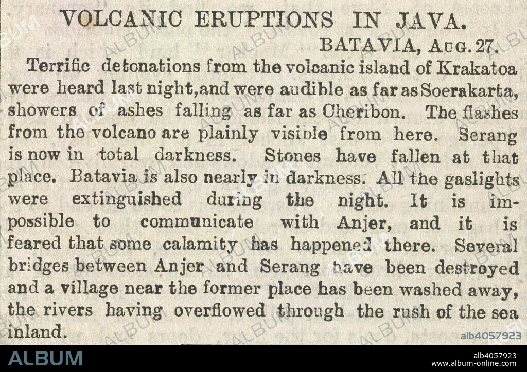 'Volcanic eruptions in Java, Batavia, Aug. 27'. A re-published newspaper report of 'detonations from the volcanic island of Krakatoa'. The eruption occurred in 1883. . The Times. 28 August 1896. Source: The Times, Page 5.