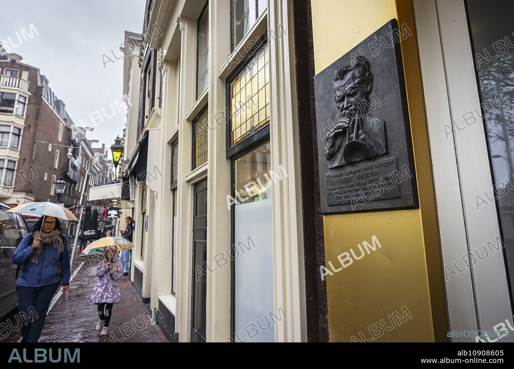 memorial plaque to Chet Baker, at the place where he died, Prins Hendrik Hotel, Amsterdam, Netherlands.