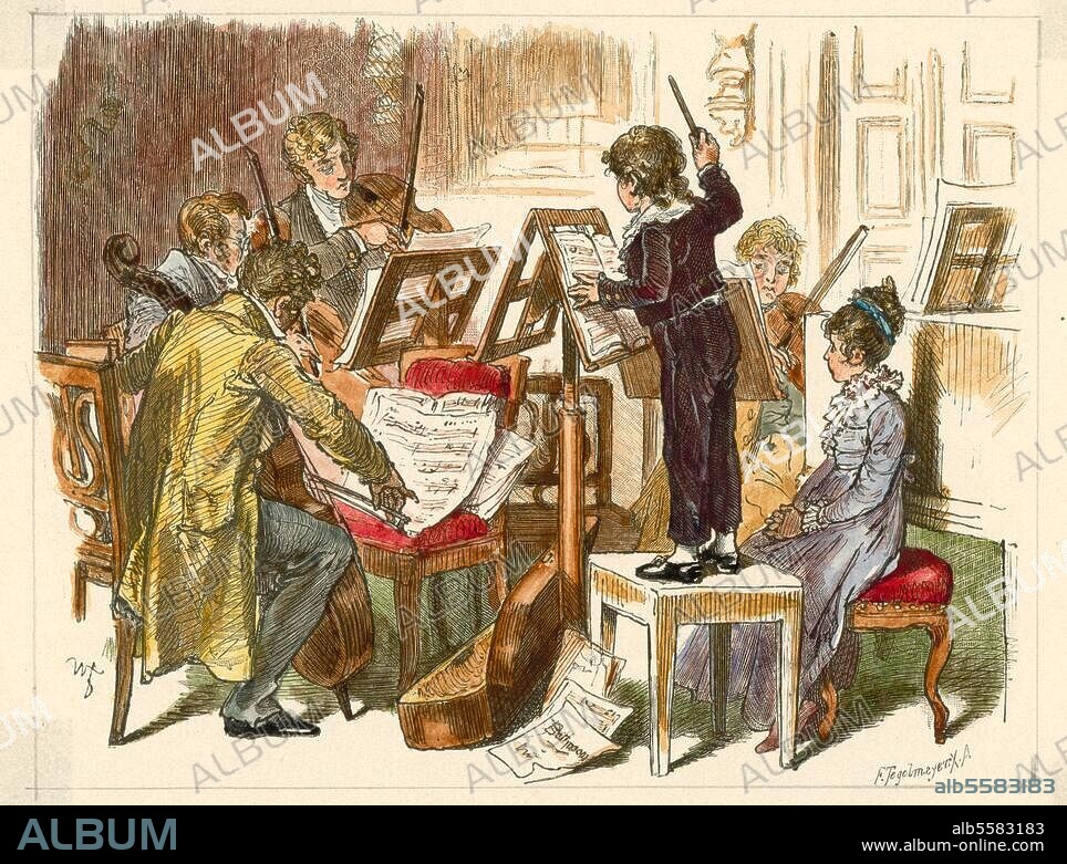 Mendelssohn-Bartholdy, Felix Komponist. 1809-1847. Felix Mendelssohn-Bartholdy als Kind dirigierend. Holzstich nach Zeichnung von Woldemar Friedrich (1846-1910), spätere Kolorierung.