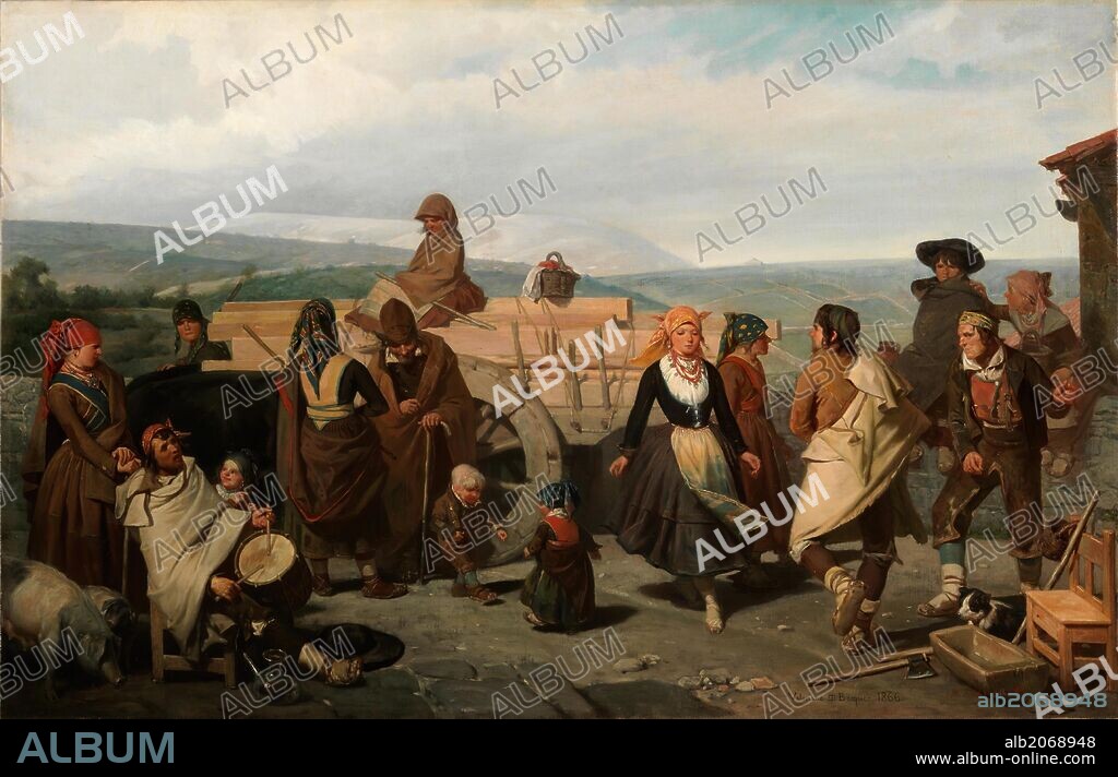 VALERIANO DOMÍNGUEZ BÉCQUER. Valeriano Domínguez Bécquer / 'El baile, o La carreta', 1866, Escuela Española, Óleo sobre Lienzo, 65 cm x 101 cm, P04234.