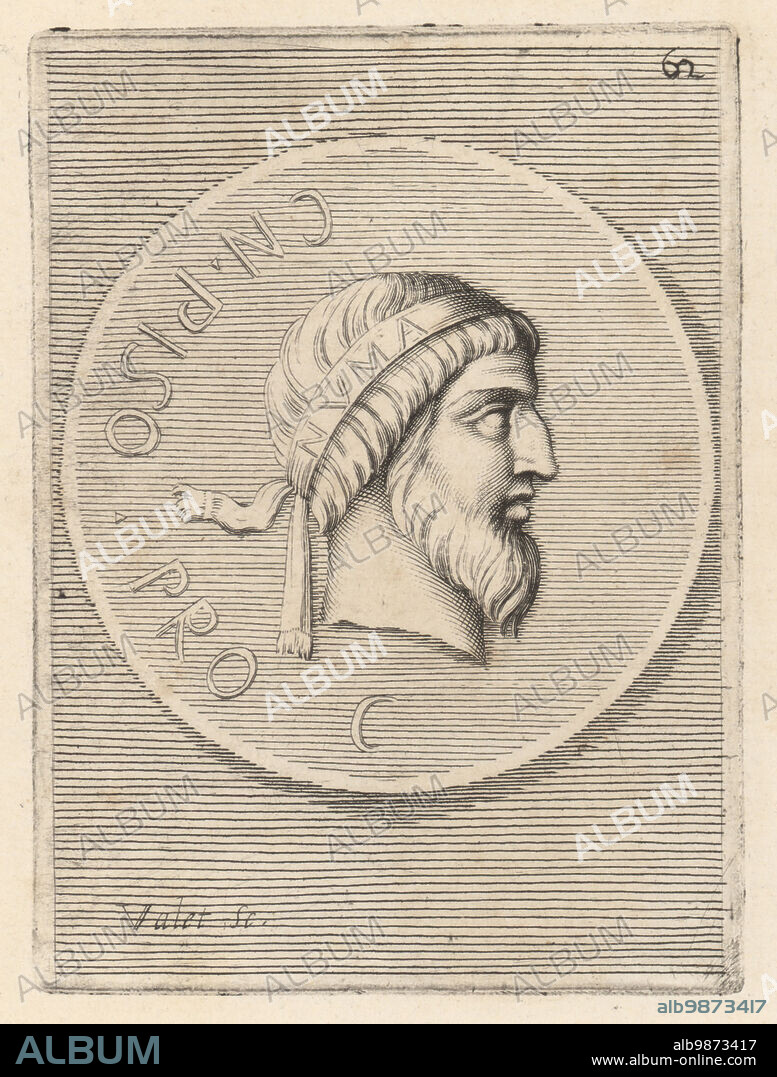 Numa Pompilius, legendary second King of Rome, of Sabine origin from Cures, c. 753-672 BC. Head of bearded man wearing a royal diadem with the letters NVMA from a bronze coin. Numa Pomilio, Secondo Re de Romani. Copperplate engraving by Guillaume Vallet after Giovanni Angelo Canini from Iconografia, cioe disegni d'imagini de famosissimi monarchi, regi, filososi, poeti ed oratori dell' Antichita, Drawings of images of famous monarchs, kings, philosophers, poets and orators of Antiquity, Ignatio deLazari, Rome, 1699.