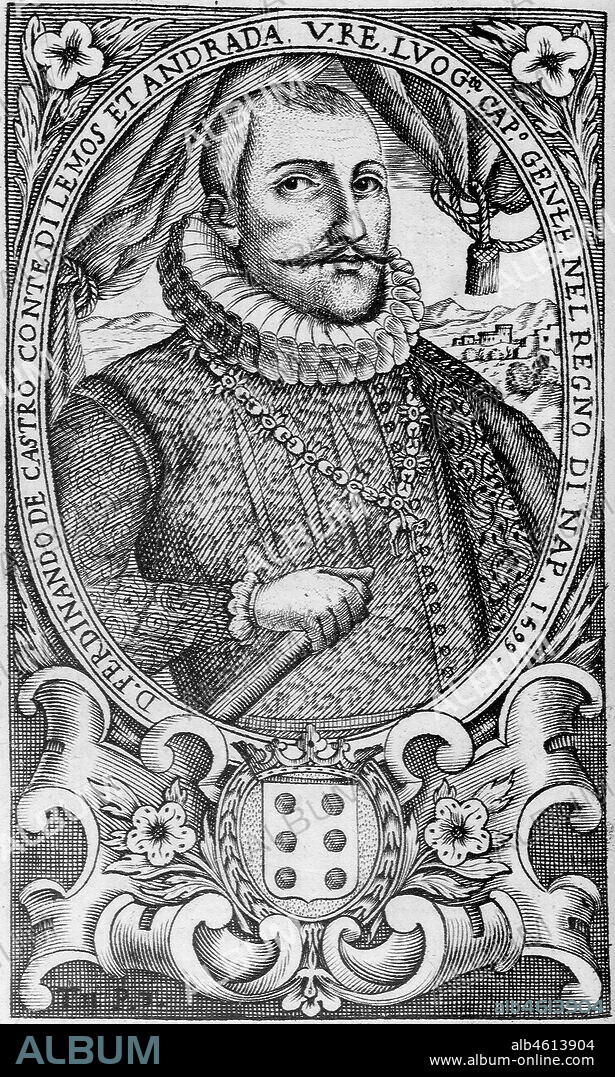 Fernando Ruiz de Castro conde de Lemos. Grabado calcográfico anónimo recogido en Teatro eroico, e politico de'governi de'Vicere del Regno de Napoli, de Domenico Antonio Parrino, Nápoles, 1692-1695. Biblioteca Nacional de España.