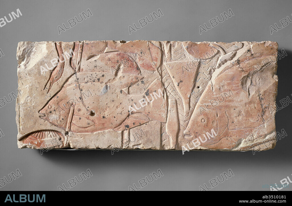 Scene of Fishing and Fowling, New Kingdom, Amarna Period, Dynasty 18, ca. 1353–1336 B.C., From Egypt; Probably originally from Amarna (Akhetaten); Probably from Middle Egypt, Hermopolis (Ashmunein; Khemenu), Limestone, paint, H. 22 cm (8 11/16); w. 53.3 cm (21 in), At the right, the bud, flower and round leaf of lotus plants float on a background of zigzag lines representing water . A large bulti-fish swims in the water. A flat space alongside the pond ending with a double edge may indicate the rim of the pond.