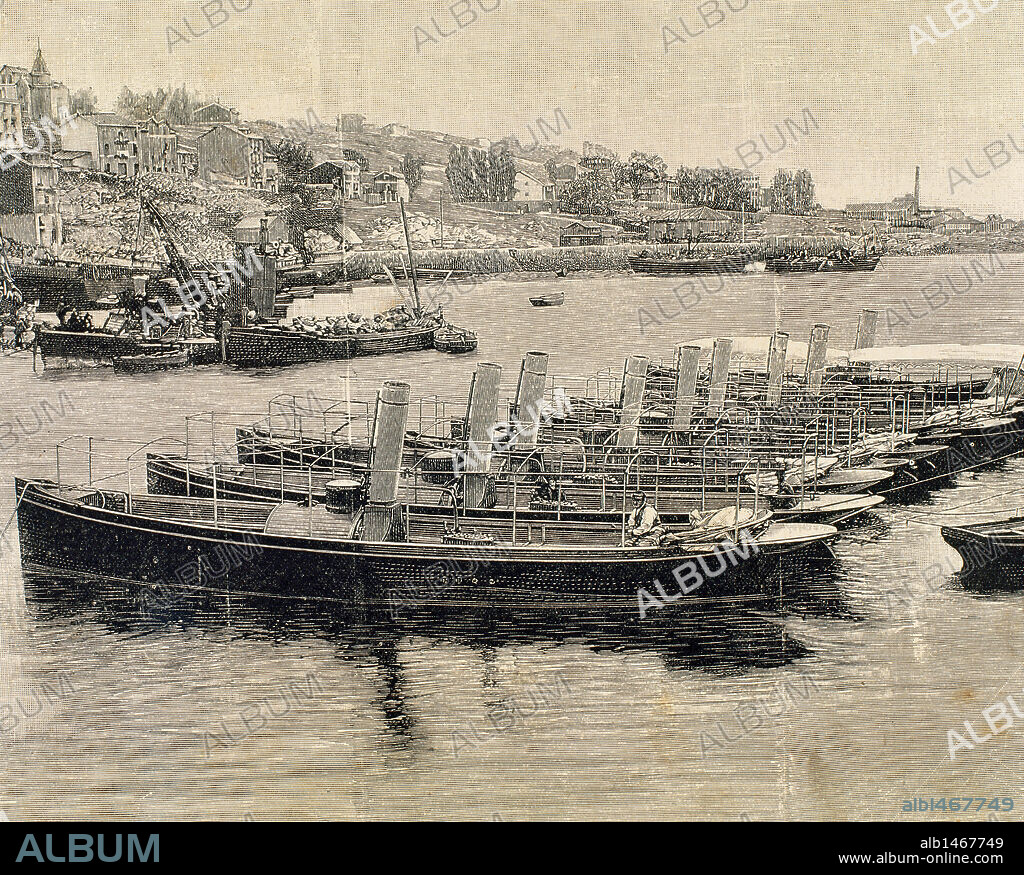 ECONOMIA S. XIX. ESPAÑA. PUERTO DE SANTANDER. Lanchas de vapor construídas para el cuerpo de Sanidad Marítima. Cantabria. Grabado por Rico. "La Ilustración Española y Americana" (1890) .