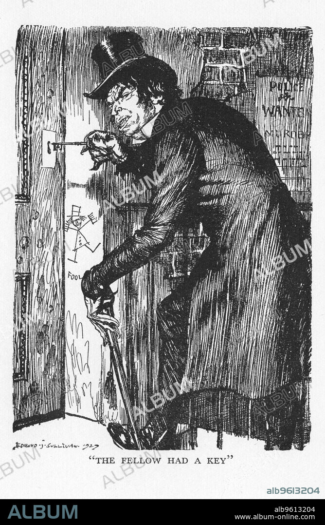 EDMUND JOSEPH SULLIVAN. Scene from The Strange Case of Dr Jekyll and Mr Hyde by Robert Louis Stevenson, 1927.  Mr Hyde, after his night's adventures, letting himself into his house to take the antidote and resume the character of Dr Jekyll.  Jekyll had succeeded in separating out the duality in his nature, Hyde representing pure evil and Jekyll good, but eventually the antidote to the Hyde persona ceases to be effective. From The Strange Case of Dr Jekyll and Mr Hyde by Robert Louis Stevenson. (London, 1927). First published 1886.