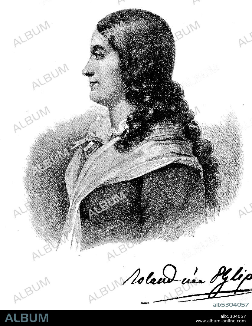 Jeanne-Marie Manon Roland de La Platiere, Madame Roland, March 17, 1754 - November 8, 1793, was a political figure in the French Revolution, which led in Paris a salon and significantly influenced the policies of the Girondins on the side of her husband. During the reign of terror she died on the guillotine  /  Jeanne-Marie Manon Roland de La Platiere, Madame Roland, 17. März 1754 - 8. November 1793, war eine politische Figur in der Französischen Revolution, die in Paris einen Salon führte und an der Seite ihres Ehemanns die Politik der Girondisten wesentlich beeinflusste. Während der Schreckensherrschaft starb sie unter der Guillotine, Historisch, historical, digital improved reproduction of an original from the 19th century / digitale Reproduktion einer Originalvorlage aus dem 19. Jahrhundert,.