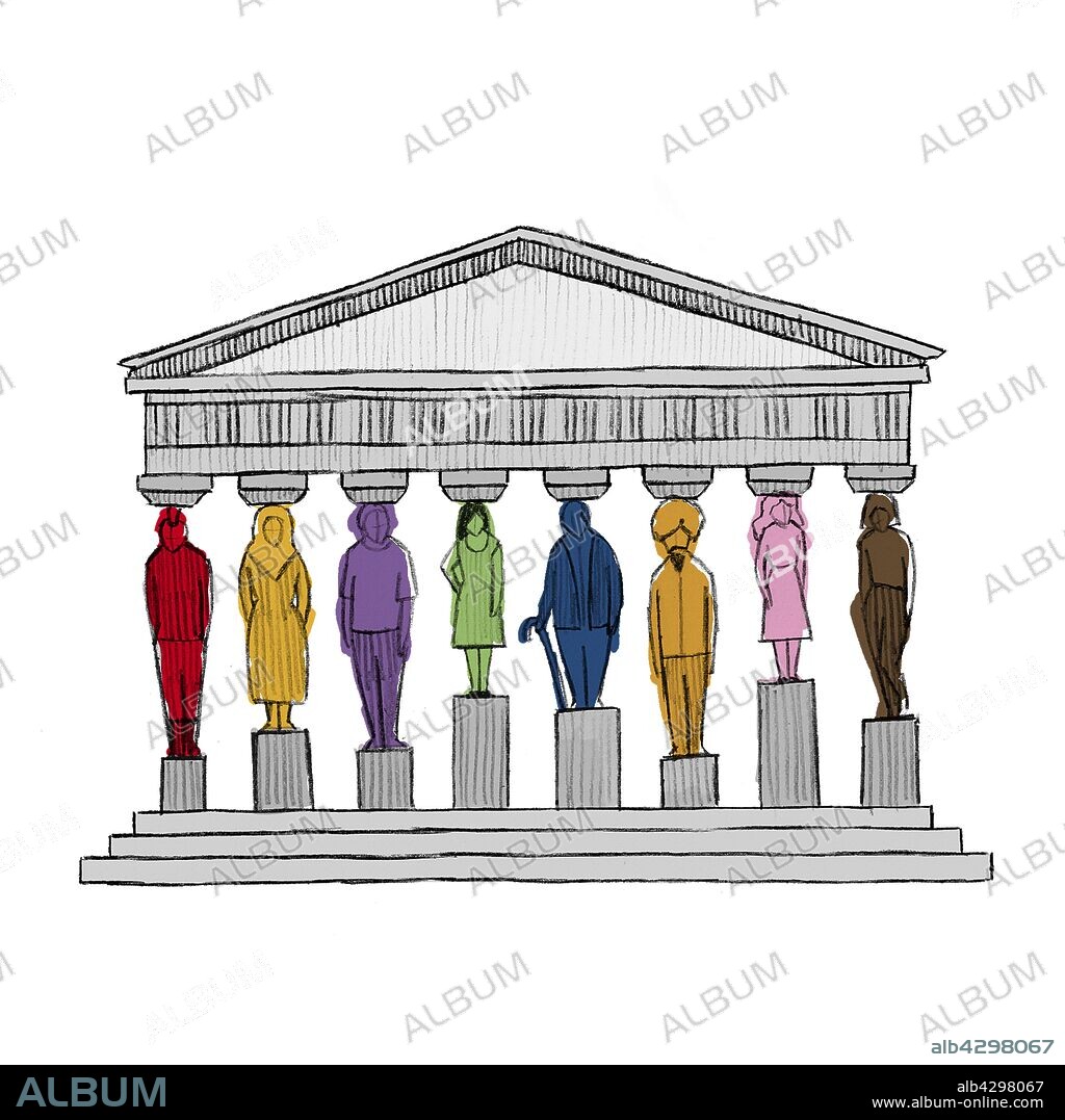 Diverse people as pillars supporting roof of government building.