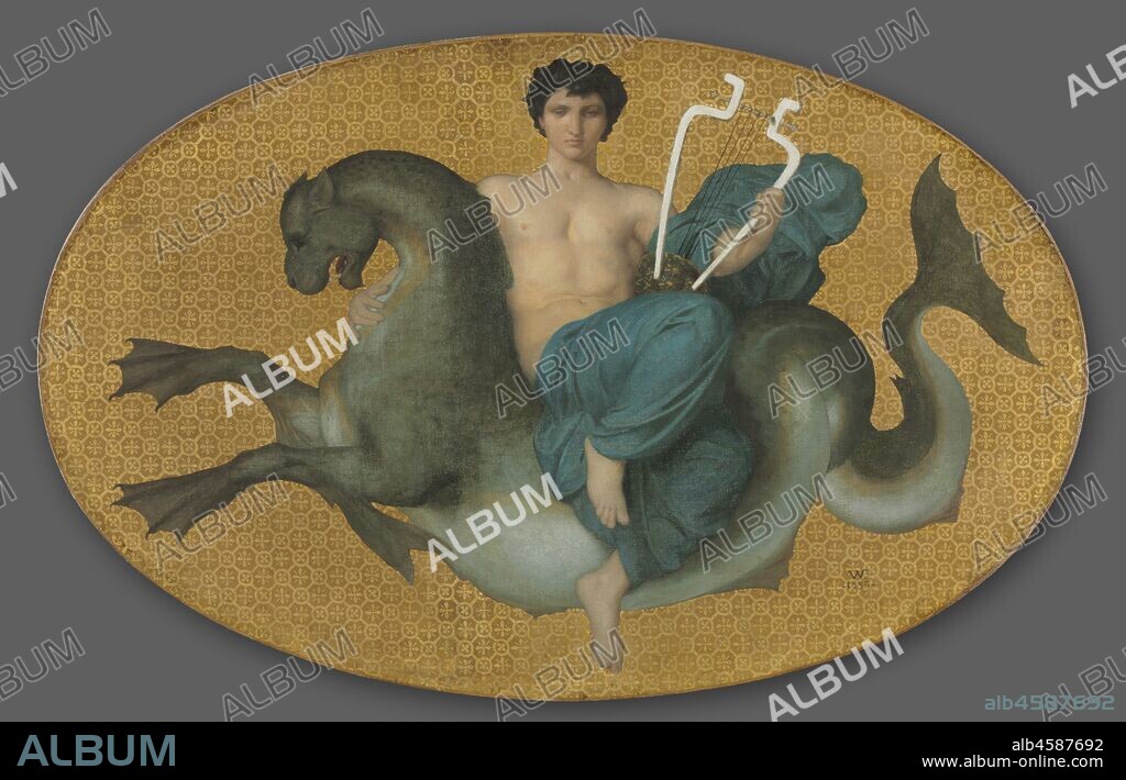 Arion on a Sea Horse, 1855. These paintings are from a series of eight works that Anatole Bartholoni commissioned the 29-year-old Bouguereau to create for his Paris home, decorated in the fashionable Pompeian-revival style. The paintings emulate ancient Roman designs. Crisp, cut-out forms are set against a gold background painted in imitation of mosaic. Arion was an ancient Greek poet who escaped death by riding away on the back of a sea creature who had been attracted by the poet's song. In the companion picture, a bacchante?a female worshipper of the wine god Bacchus?rides a panther, the god's symbolic animal. These works were shown at the 1857 Paris Salon exhibition.