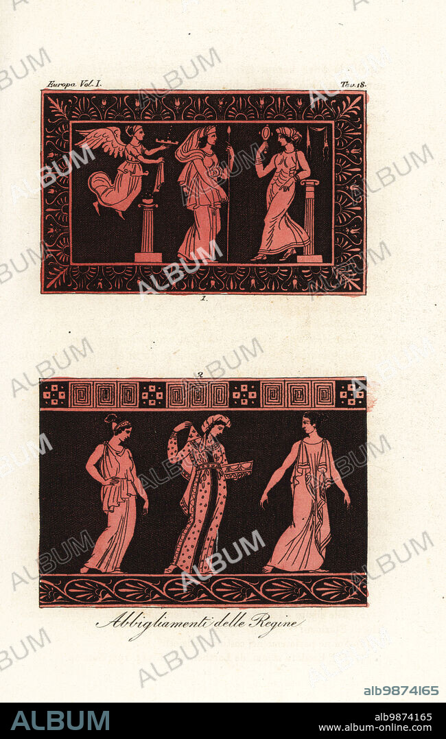 Costumes of ancient Greek queens from ancient vases. Two queens are depicted in rich clothing with their attendants. At the top, a queen looks into a mirror held by a servant. Abbigliamenti delle Regine. Handcoloured copperplate engraving by Corsi from Giulio Ferrarios Costumes Ancient and Modern of the Peoples of the World, Il Costume Antico e Moderno, Florence, 1842.