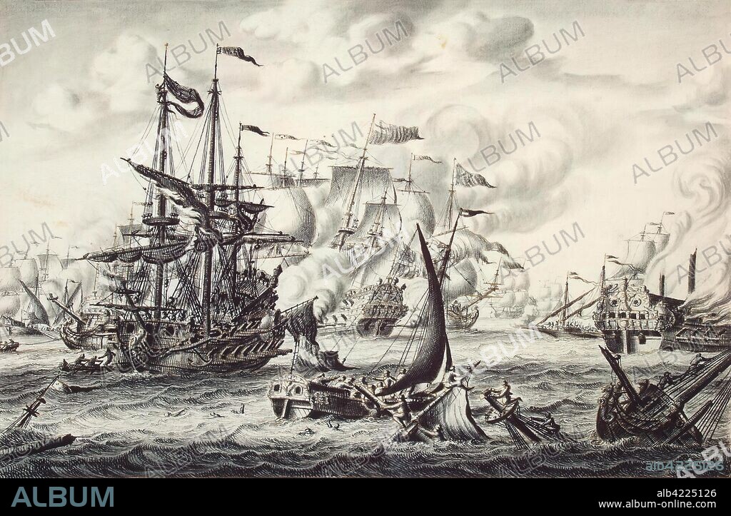 ADRIAEN VAN SALM. 'Sea Battle'. Album of Adrian van der Salm. Holland, Circa 1707. Dimensions: 19,3x31,3 cm.