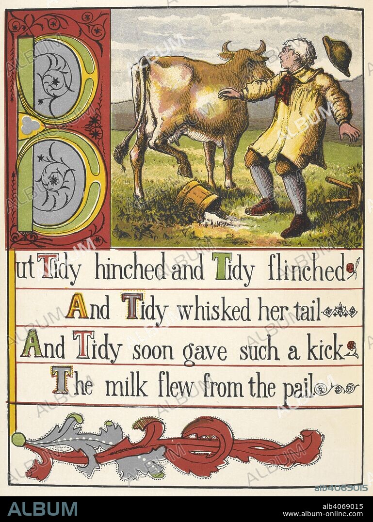 A farmer and a cow that kicks over a pail of milk. A nursery rhyme. The old man in the wood. London : Frederick Warne & Co., [1877] Camden Press. Source: 12805.l.45.(11) plate 5.