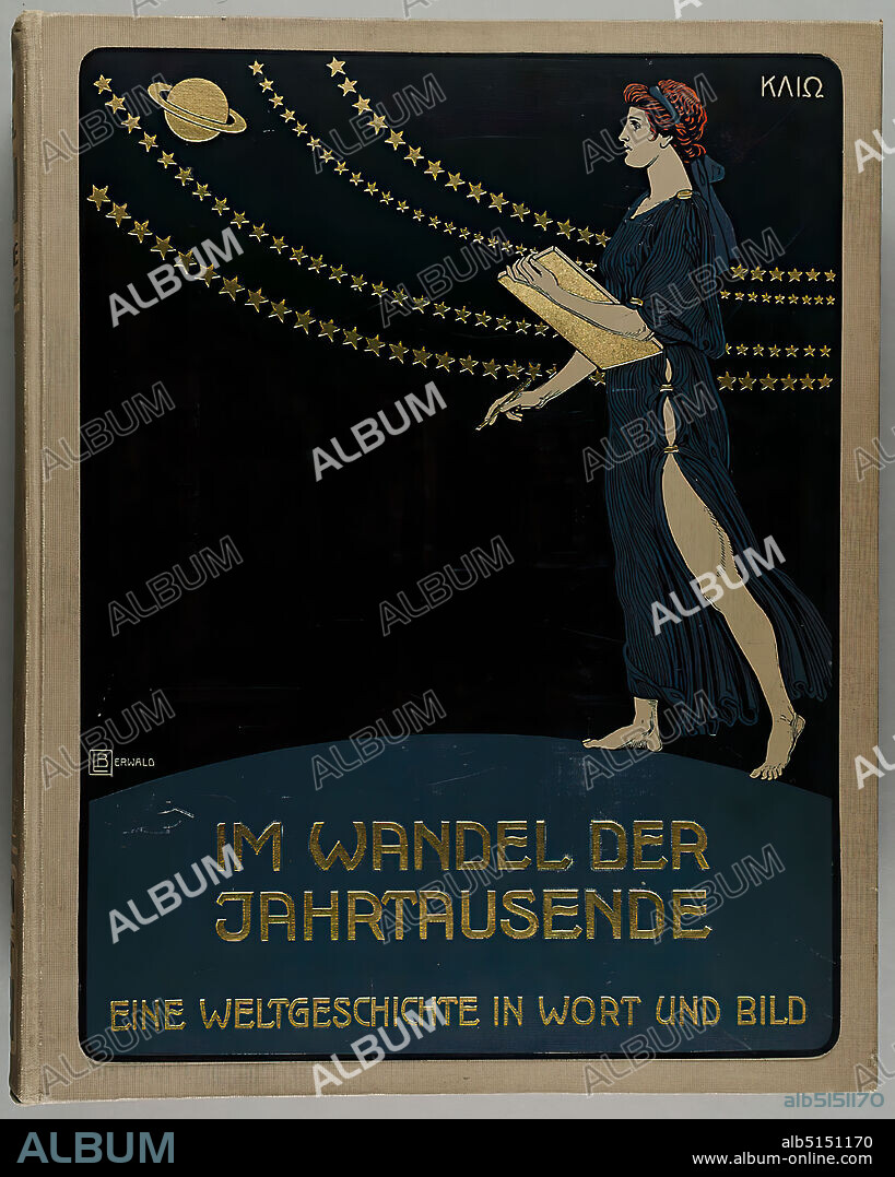Union Deutsche Verlagsgesellschaft, Ludwig Berwald, Albrecht Wirth, Im Wandel der Jahrtausenden. A world history in words and pictures, paper, linen fiber, embossed, gold-embossed linen cover, total (book cover): height: 34.5 cm; width: 27.5 cm, signed: Book cover and endpapers on the left: LBerwald, book decoration, muses, sky, firmament, celestial bodies, planets, Clio, Art Nouveau, For this world history in words and pictures from the year 1890, the Berlin graphic artist Ludwig Berwald (*1865) designed the colored book cover with the motif of a Klio walking around the globe, who, as a muse of historiography, represents the appropriate figure for the change of the millennia.