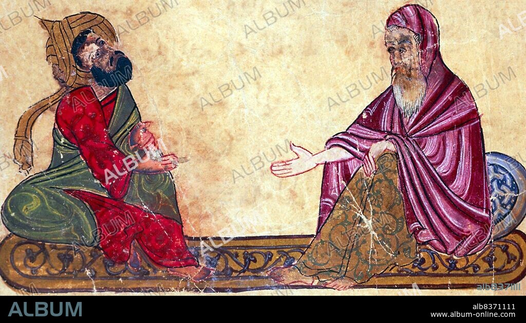 Philosophers from the Middle Ages include the Christian philosophers Augustine of Hippo, Boethius, Anselm, Gilbert of Poitiers, Peter Abelard, Roger Bacon, Bonaventure, Thomas Aquinas, Duns Scotus, William of Ockham and Jean Buridan.<br/><br/>. The Jewish philosophers include Maimonides and Gersonides; and the Muslim philosophers Alkindus, Alfarabi, Alhazen, Avicenna, Algazel, Avempace, Abubacer, Ibn Khaldun, and Averroes.<br/><br/>. Some authorities suggest that one of the figures in this miniature represents Al-Kindi, or Abu Yusuf Yaqub ibn Ishaq as-abba al-Kindi (c. 801873 CE), known as 'the Philosopher of the Arabs', a Muslim Arab philosopher, polymath, mathematician, physician and musician. Al-Kindi was the first of the Muslim peripatetic philosophers, and is unanimously hailed as the 'father of Islamic or Arabic philosophy' for his synthesis, adaptation and promotion of Greek and Hellenistic philosophy in the Muslim world.