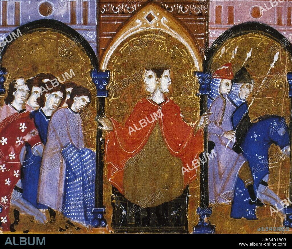 La divinidad romana Jano, dios de las puertas, representado con dos caras, mirando hacia ambos lados de su perfil. Miniatura del siglo XIV. Museo Condé. Castillo de Chantilly. Francia.