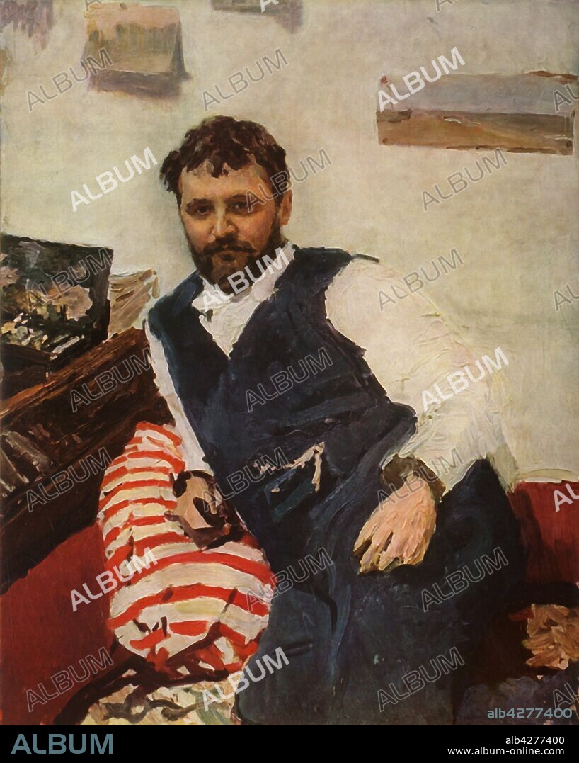 VALENTIN SEROV. 'Portrait of the Painter Constantin Alexandreyevich Korovin', 1891, (1965). Russian impressionist artist Konstantin Alekseyevich Korovin (1861-1939) was a friend of Serov's. Painting in the State Tretyakov Gallery, Moscow. From "Russian Painting of the 18th and 19th Centuries" by Vladimir Fiala. [Artia, Czechoslovakia, 1965].