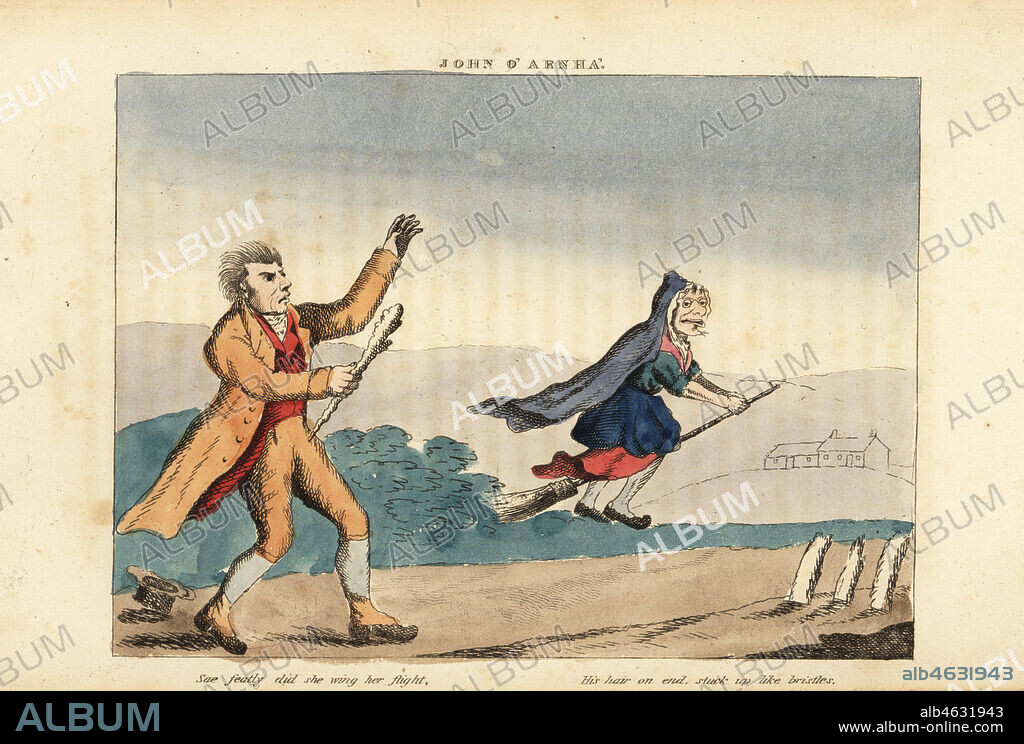 Scottish traveller John o Arnha with cudgel encounters a witch flying on a broomstick. Sae fently did she wing her flight, In a twinklin' she was out o' sight. Handcoloured copperplate engraving from George Beatties John o Arnha, Montrose, Scotland, 1826.