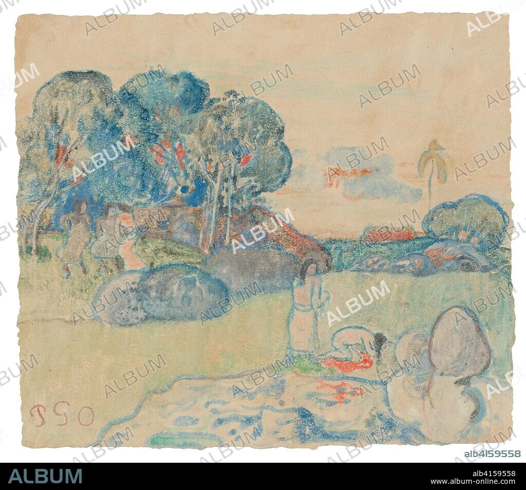 Tahitian Landscape. Paul Gauguin; French, 1848-1903. Date: 1894. Dimensions: 217 × 247 mm (primary/secondary support). Watercolor monotype from a glass matrix, with touches of gouache on cream wove paper laid down on ivory Japanese paper. Origin: France.